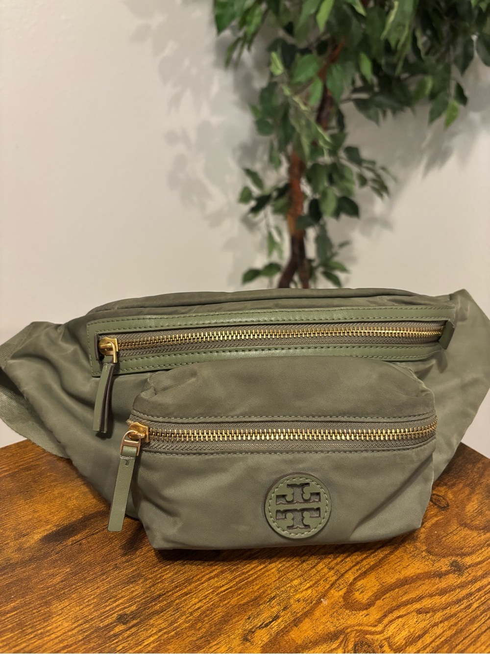 Tory Burch Olive Nylon Logo Belt Bag with Gold Hardware